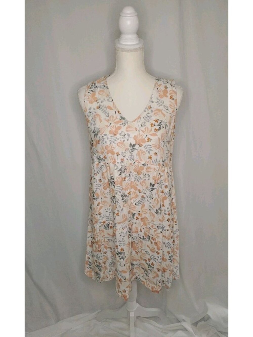 Joie 100% Linen Tiered Floral Orange/Coral Dress V-Neck Boho Beach Vaca Sz S